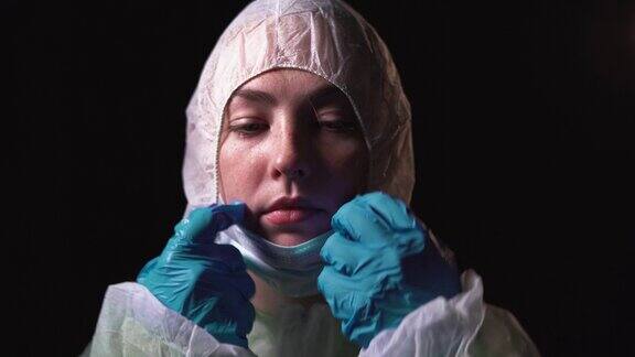 年轻的女医生穿上白色防护服戴上医用口罩抗击冠状病毒的理念