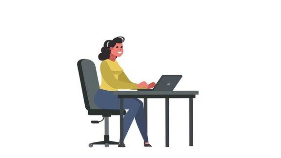 卡通可爱的女人角色从笔记本电脑工作场所孤立循环2d动画亮度不光滑的