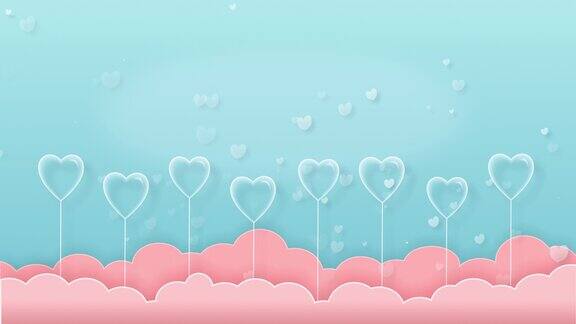 运动图形的透明气球心脏弹跳粉红色的云在粒子蓝色心脏背景