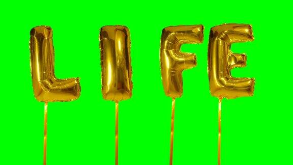 “生命”这个词来自氦气金色气球上漂浮在绿色屏幕上的字母