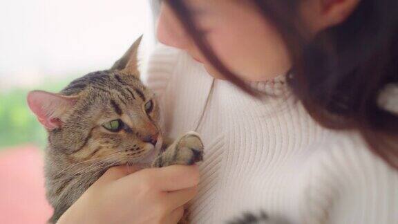 年轻的亚洲女人在家里的客厅里笑着玩猫