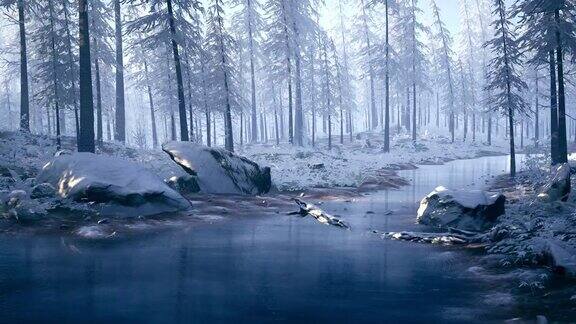 镜头掠过一条冰冻的河流穿过一片积雪覆盖的森林
