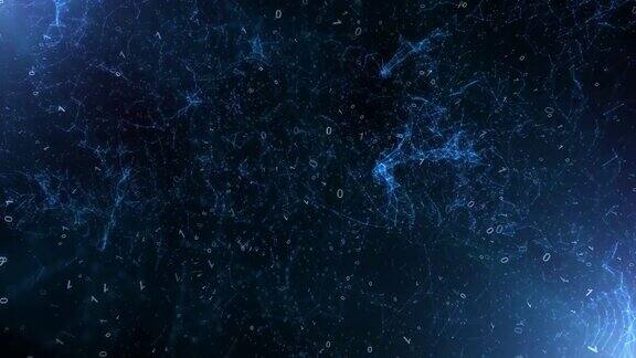 未来的网络二进制数旋转与线点和闪烁的光效果运动在深蓝色的背景从太空看