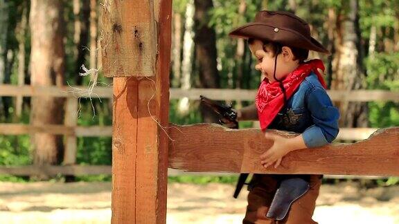 小牛仔坐在木篱笆上
