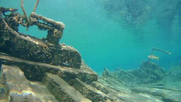 埃及红海马萨阿拉姆沙底上的一艘老旧的失事木制渔船