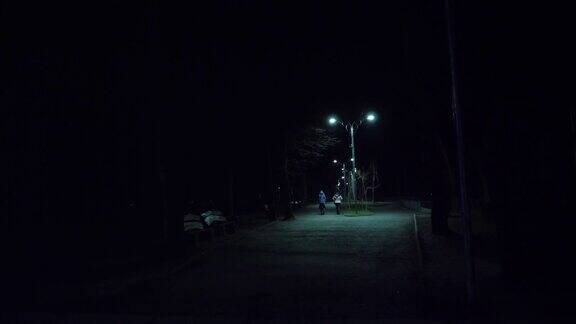 晚上在公园散步晚上空旷的城市公园里的街道或小路灯笼发出的光人们行走从回来多雾凉爽的冬夜