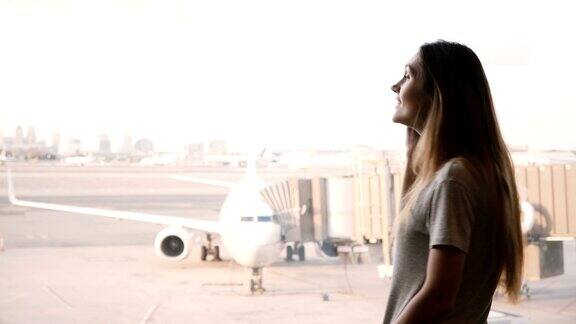 一个年轻的欧洲女孩微笑着用智能手机聊天在机场候机楼窗口结束通话背景是飞机