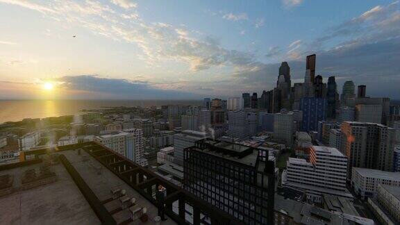 一个人站在屋顶上俯瞰城市美丽的夕阳在他的左边