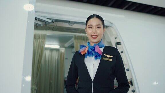 美丽的亚洲空姐在飞机上微笑热情和欢迎