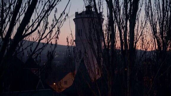 夕阳下大树后面的水塔