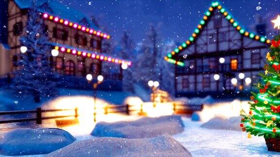雪花飘飘的冬夜温馨小镇的圣诞树