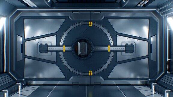 美丽的抽象金属门开黑色背景未来3d动画与绿色屏幕飞船中的钢门带有Alpha掩码未来技术
