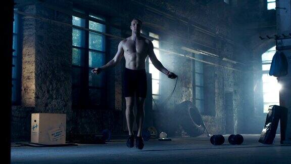 运动赤膊健美男子在一个废弃的工厂硬核健身房用跳绳锻炼他从他的激烈健身训练中满身是汗