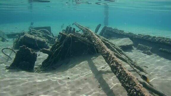 埃及红海马萨阿拉姆沙底上的一艘老旧的失事木制渔船