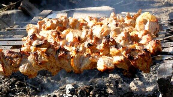 篝火上烤着许多串肉烤肉串或烤肉本质上是烤的乡村野餐
