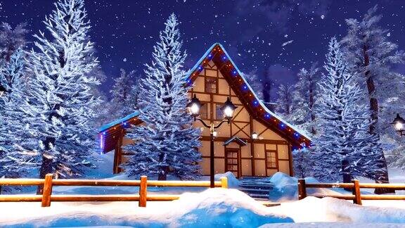 高山木材房子在雪夜冬夜3D动画