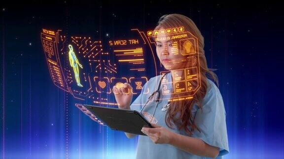 年轻的亚洲女医生使用未来全息触屏设备