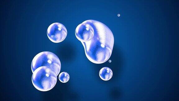 将元球的抽象背景收集起来就像玻璃滴或充满蓝色闪光的球体合并在一起并散射周期为4k循环无缝流动的动画闪烁的气泡