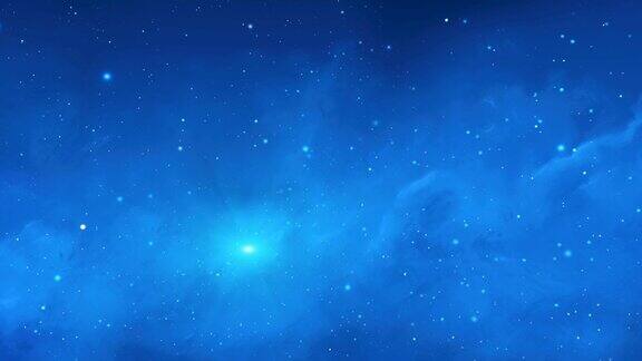 空间场景在明亮整洁的蓝色星云中飞行
