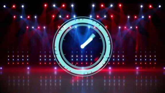 动画扫描仪与时钟面处理在空场馆舞台与红色和蓝色聚光灯