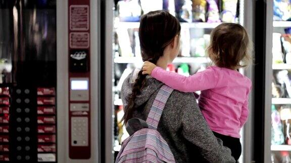 母亲和女儿在机场内的自动售货机选择零食