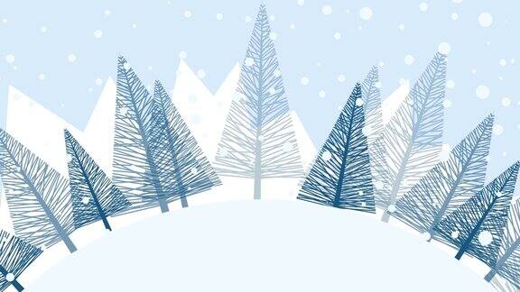 冬季雪旋转景观背景与冷杉树二维动画循环录像4k