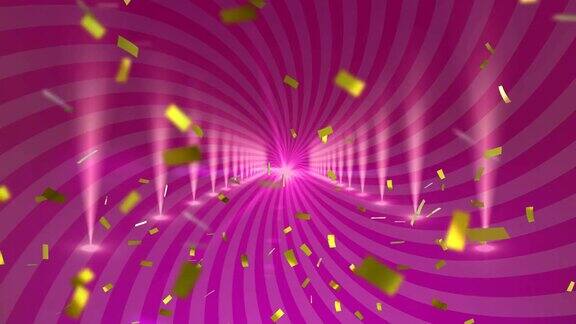 一个走廊的动画灯光与镀金五彩纸屑在紫色的旋转背景