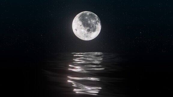 夜晚的水波映着明亮的月亮和星星