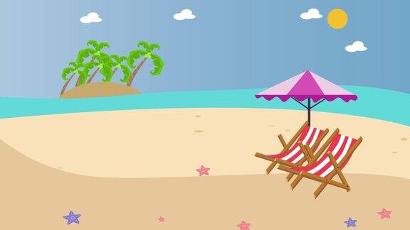 有两个空日光浴床的热带海滩