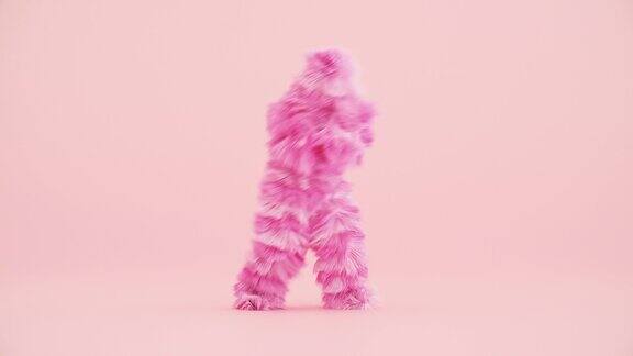 粉红色毛茸茸的3d卡通人物在粉红色的背景上跳舞人穿着毛茸茸的服装有趣的吉祥物循环动画现代最小无缝运动设计股票视频