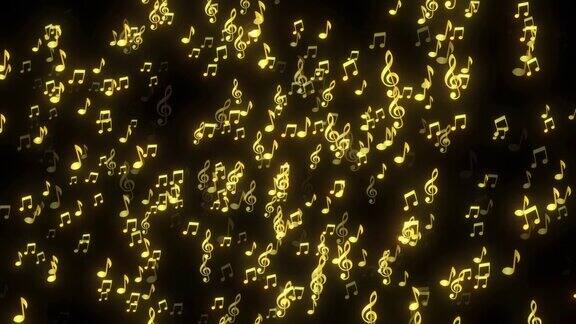 音乐背景与发光的音乐符号黑色背景上的音乐符号金色明亮的音符飞行动画用于音乐表演和视频效果