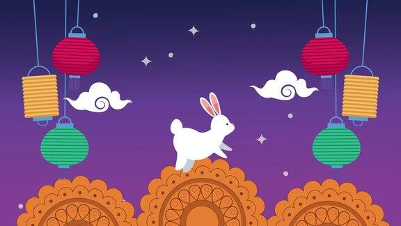 中秋动画用兔子和彩灯挂着