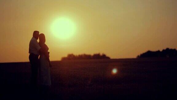 日落时分一对浪漫的情侣在草地上散步