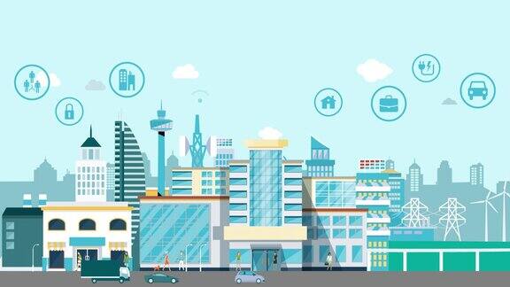 智慧城市动态信息图设计场景动画动画智慧小镇与图标技术城市缩小