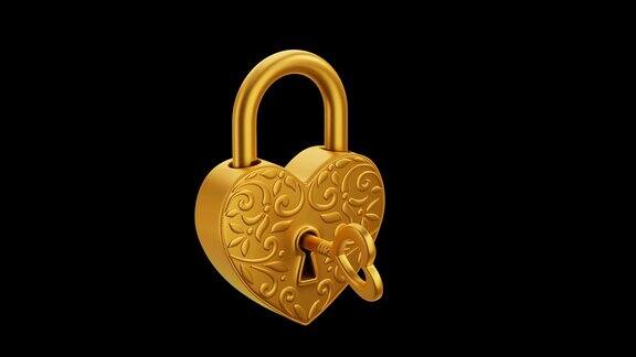 金心锁在黑屏上金钥匙打开金心锁情侣们表达他们永恒的忠诚观念4K3D动画