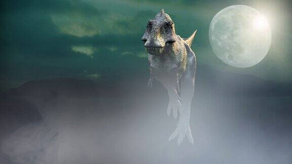 动画运行的恐龙雷克斯暴龙3d渲染在黑暗的背景