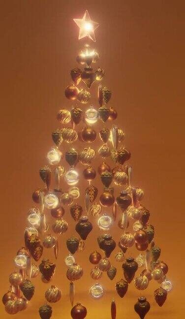 美丽的抽象圣诞树由悬浮的圣诞装饰品制成