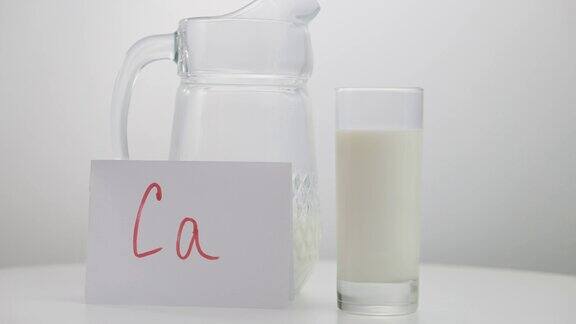 近距离的jagag和玻璃与有机健康牛奶桌上和女性手放Ca信息营养液体乳制品饮料在室内白色背景钙和维生素食品