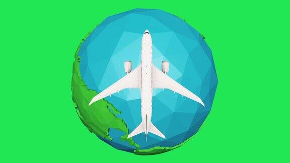 飞机在绿色背景上绕着卡通地球飞行