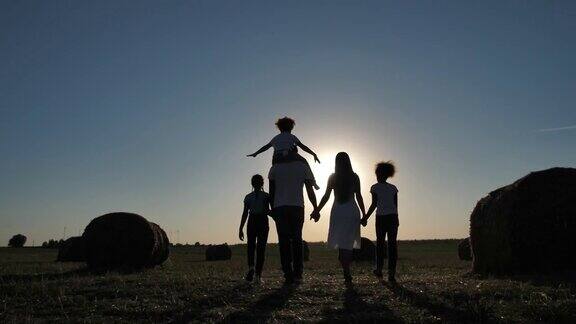 多民族家庭在日落时穿过田野