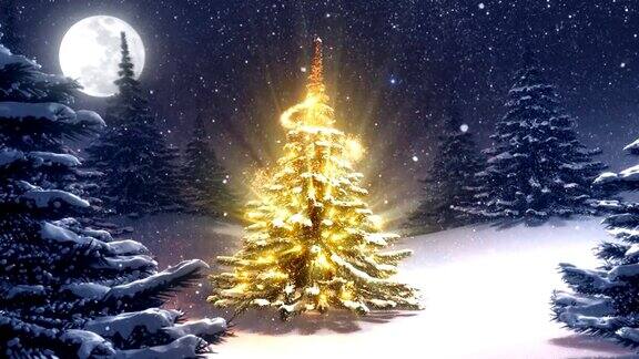 温暖的冬季景观与金色装饰的圣诞树