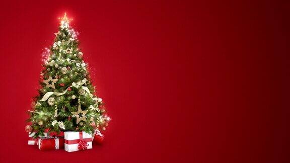 循环灯装饰圣诞树与礼品盒和魔术灯在红色背景与文本空间放置标志或复制动画抽象圣诞礼物问候明信片4k循环视频