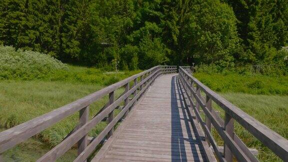 穿过一座美丽的木桥