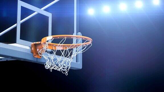 美丽的篮球打篮篮网慢镜头特写镜头飞球旋转着飞进带有蓝色体育场灯光的篮球圈运动概念3d动画