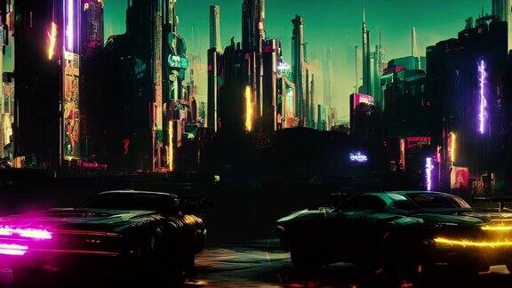 霓虹灯城:未来赛博朋克汽车与灯光