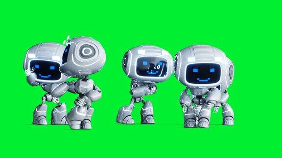 白色微笑的玩具机器人动画身体运动模糊逼真的绿色屏幕4k动画绿屏
