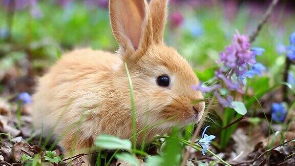 年轻的毛茸茸的复活节红色小兔子坐在春天盛开的草地上