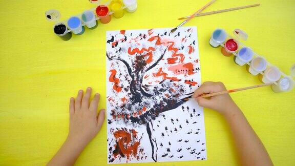 天真烂漫的绘画:自由风格的跳舞女孩或女人的抽象剪影彩色抽象艺术品手绘儿童绘画风格