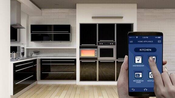 厨房家电控制在移动应用智能手机节能效率烤箱洗碗机微波炉通风柜智能家居控制物联网