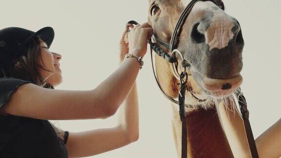 十几岁的女孩准备骑马给马套上笼头